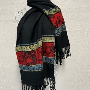 Vintage Black Scarf with Red and Yellow Woven Scandinavian Wrap 17” x 41”